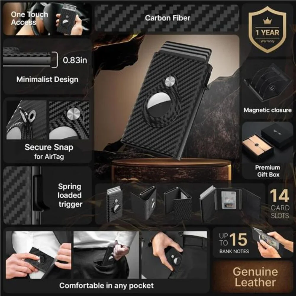 Mens Smart Wallet Card Holder for AirTag: Leather, Compatible with Apple Air